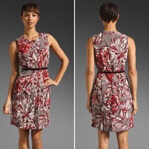 Floral Sleeveless Shift Dress in Red and Gray